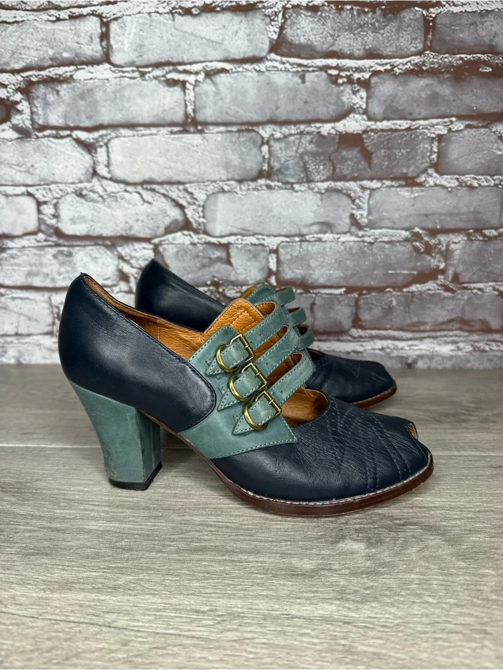 re-mix vintage Aviator 1930’s Blue Leather Peep Toe Heels Women Sz 6.5M US/37EU
